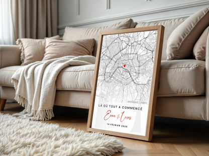 Affiche Couple Personnalisée Lieu de Rencontre - Carte "Là où tout a cPlume Revedor