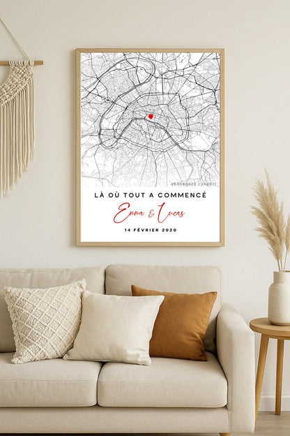 Affiche Couple Personnalisée Lieu de Rencontre - Carte "Là où tout a cPlume Revedor