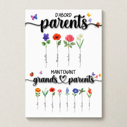 Affiche personnalisée “Parents & Grands-Parents” – Fleurs de naissance avec prénoms – Cadeau famille unique
