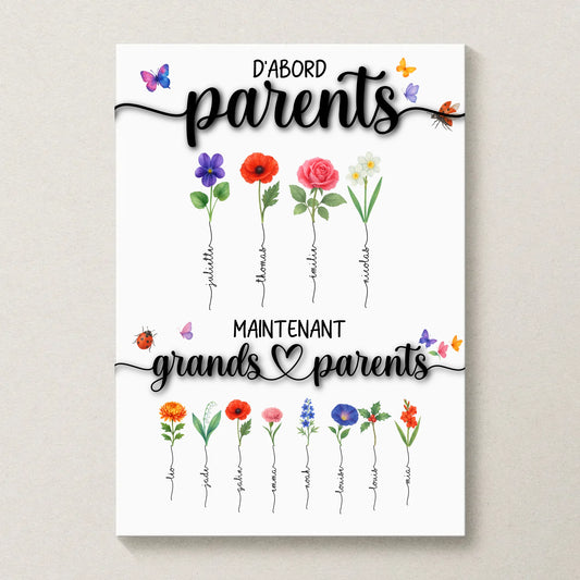 Affiche personnalisée “Parents & Grands-Parents” – Fleurs de naissance avec prénoms – Cadeau grands-parents