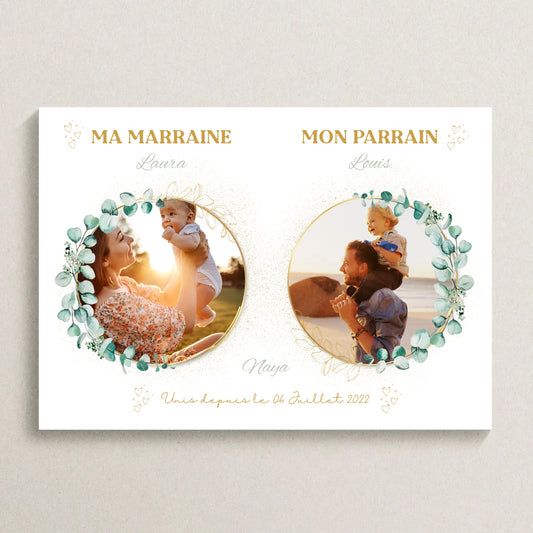 Affiche personnalisée - parrain et marraine avec photos - Baptême champêtre bohème EUCALYPTUS