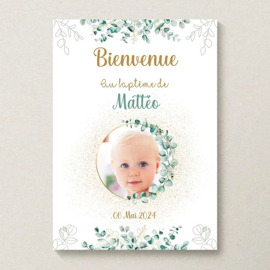 Affiche Baptême ou Anniversaire Bienvenue "Eucalyptus OR" avec photo