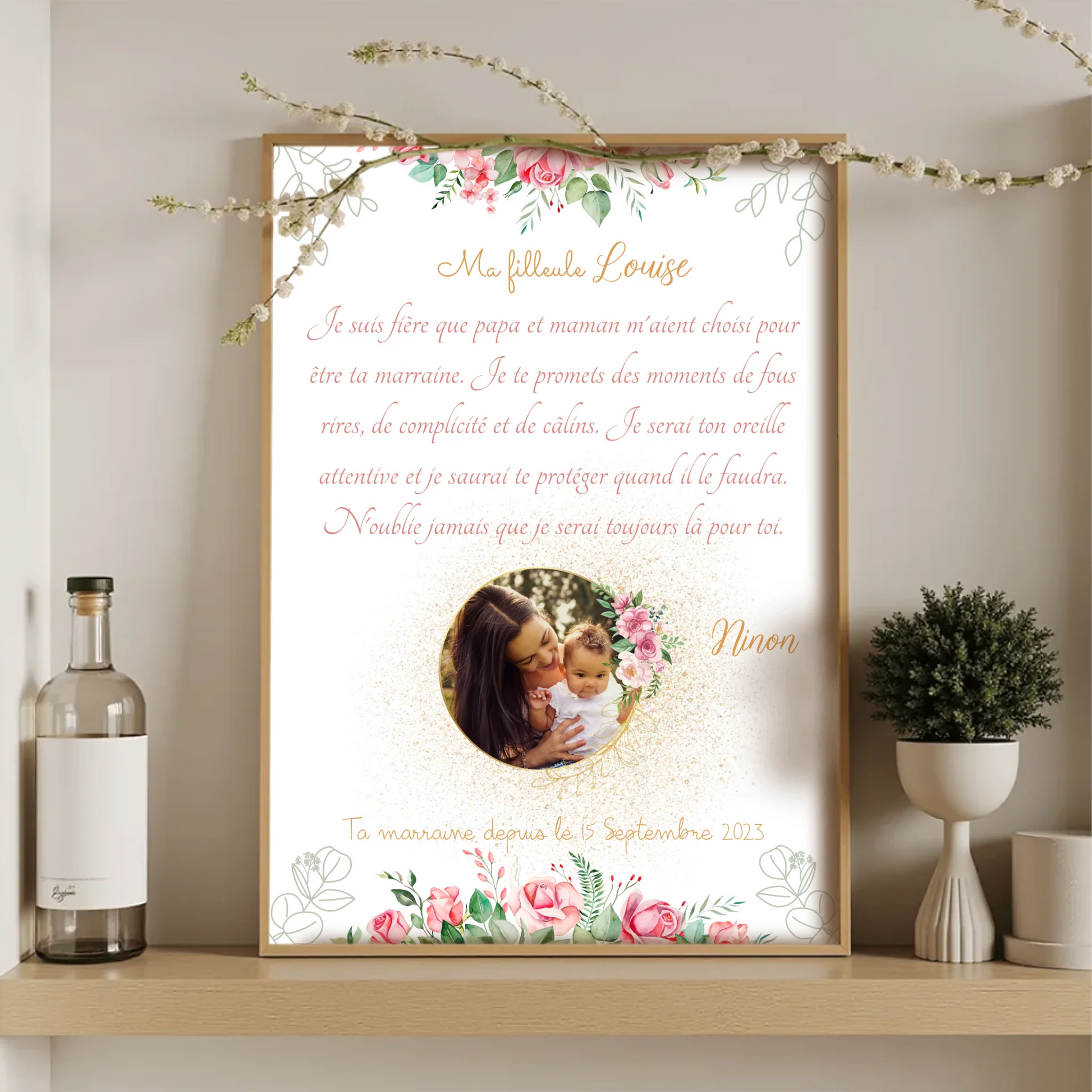 Illustration marraine et bébé avec message émouvant et décoration florale