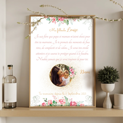 Illustration marraine et bébé avec message émouvant et décoration florale