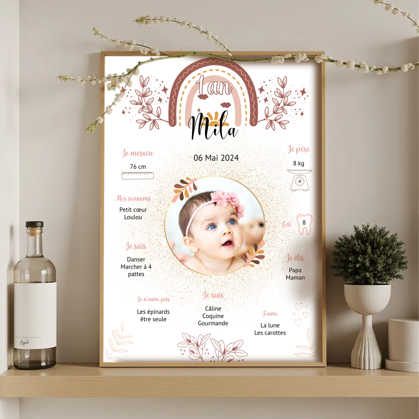 Affiche anniversaire bébé 1 an personnalisée avec prénom, photo et infos