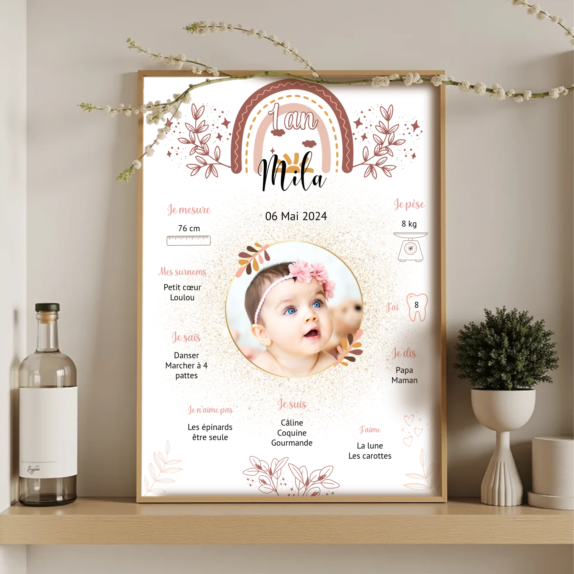 Affiche anniversaire bébé 1 an personnalisée avec prénom, photo et infos