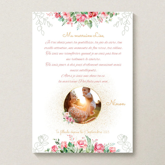 Affiche personnalisée - Marraine ou Parrain avec Texte et photo - cadeau personnalisé Marraine Parrain