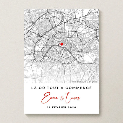 Affiche couple personnalisée - carte du lieu de rencontre - là où tout à commencé