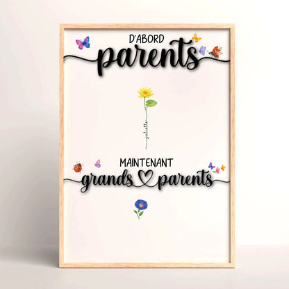 Affiche personnalisée “Parents & Grands-Parents” – Fleurs de naissance avec prénoms – Cadeau famille unique