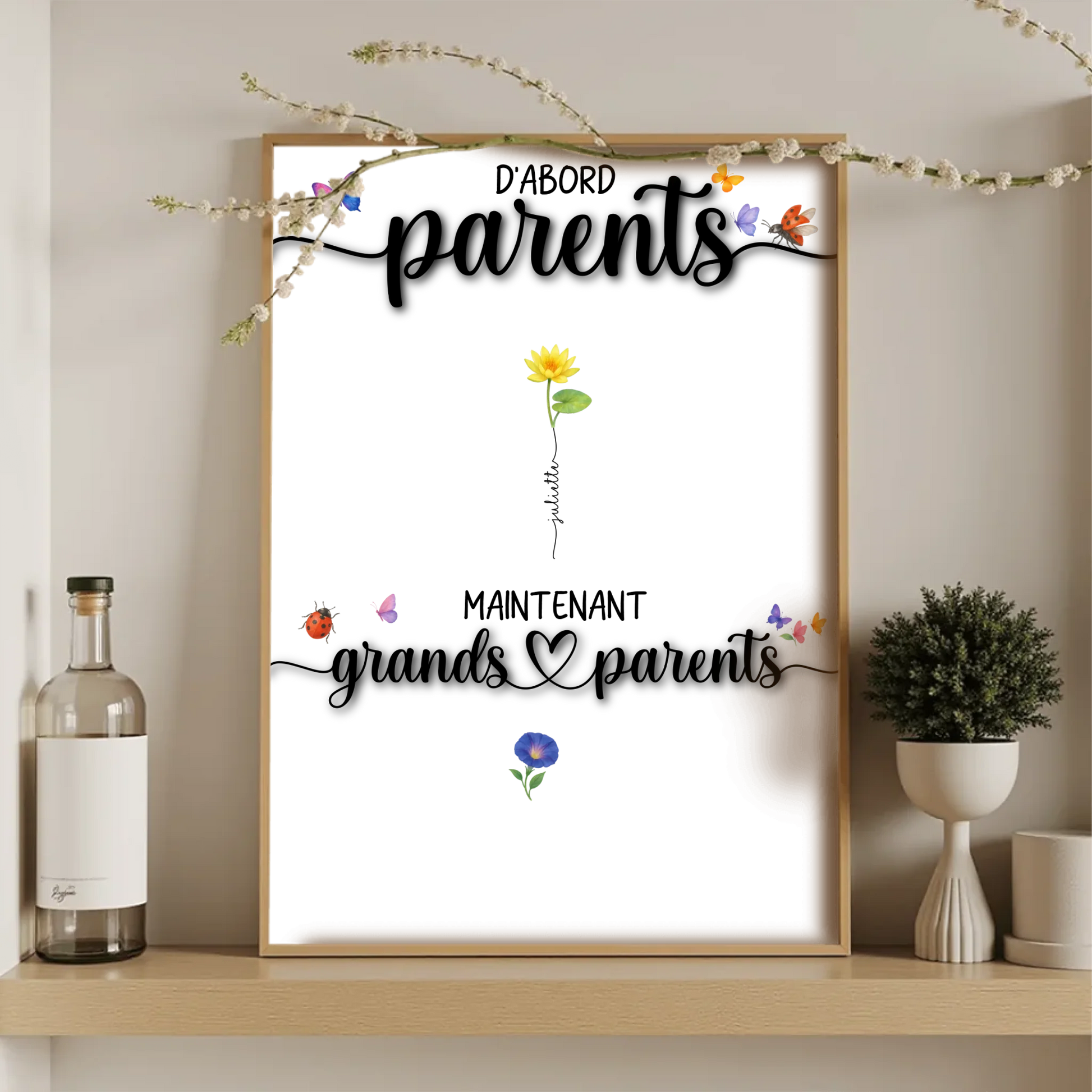 Affiche personnalisée mamie avec fleurs et prénoms des enfants et petits-enfants