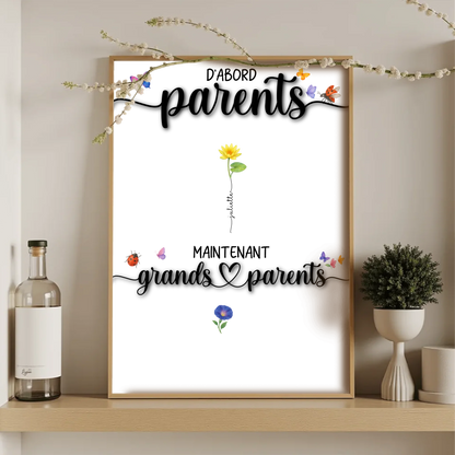 Affiche personnalisée mamie avec fleurs et prénoms des enfants et petits-enfants