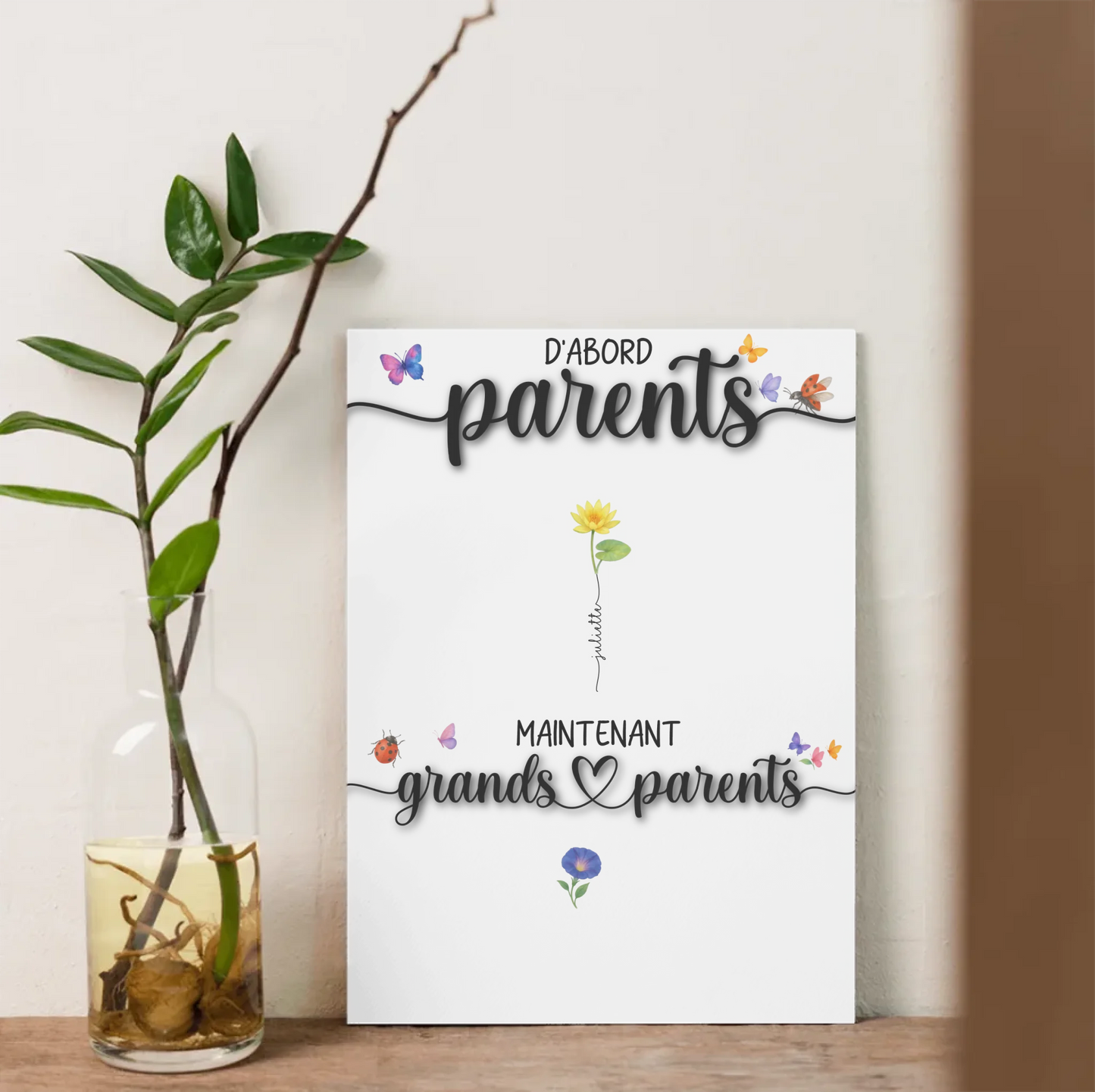 Affiche fleurs aquarelle avec prénoms – hommage à une maman devenue grand-mère