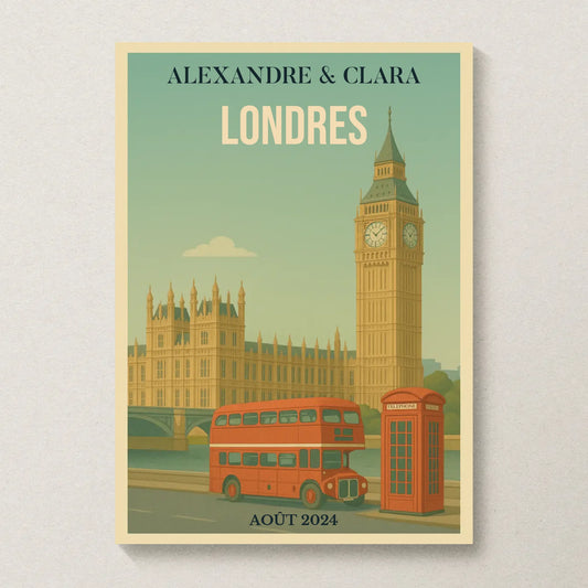 Affiche vintage Londres personnalisée avec Big Ben et bus rouge