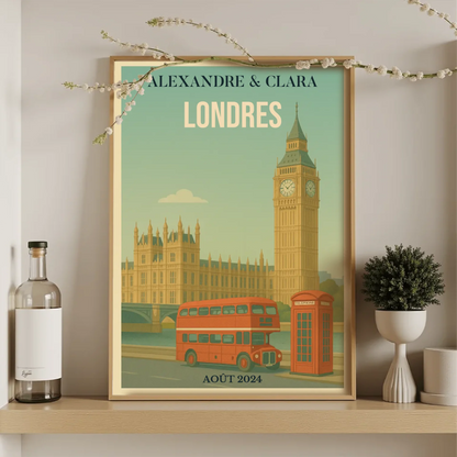 Affiche Londres personnalisée – Big Ben & bus rouge vintage Affiche Londres Plume Revedor