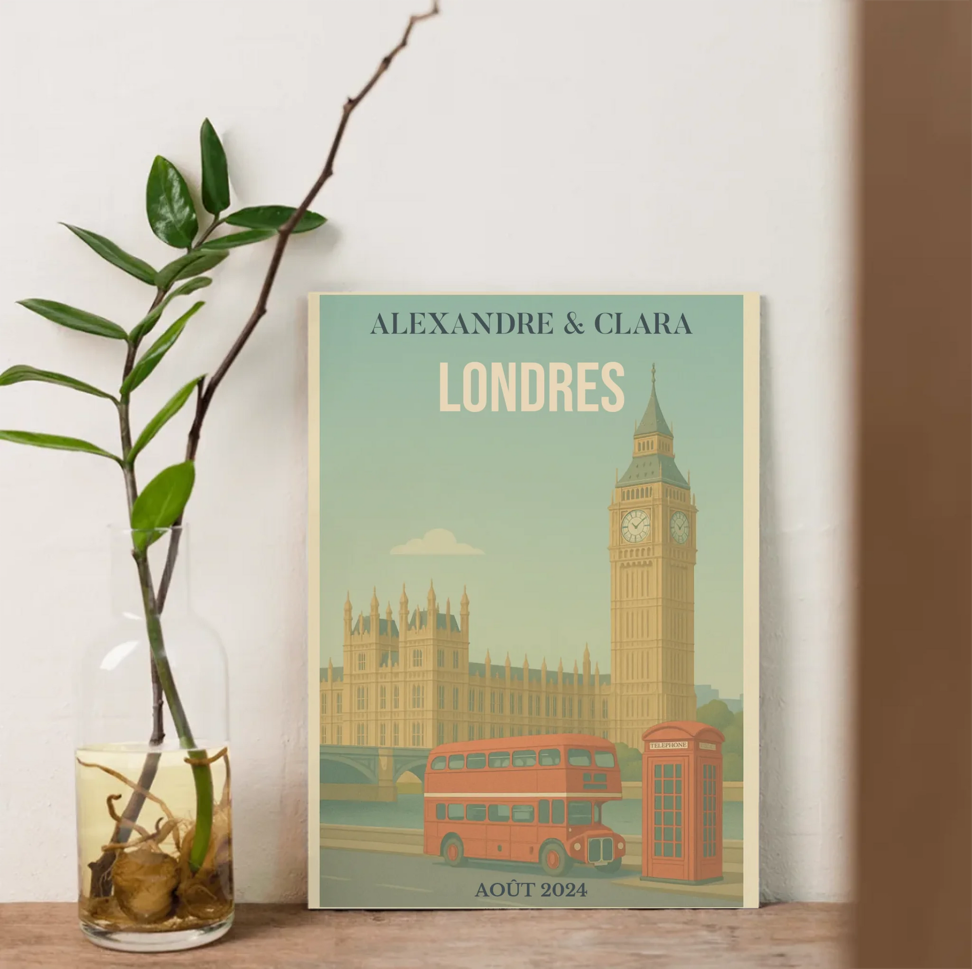 Affiche Londres personnalisée – Big Ben & bus rouge vintage Affiche Londres Plume Revedor