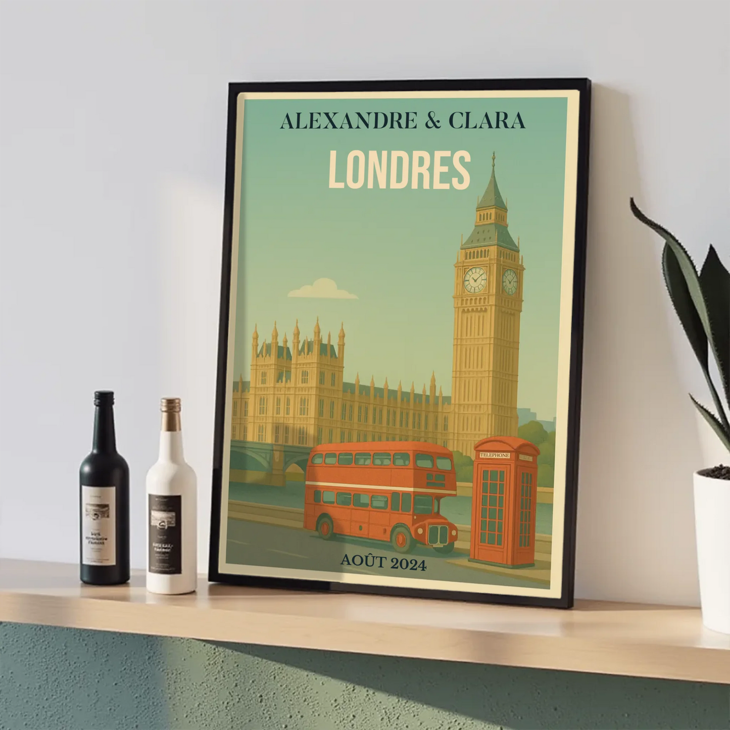 Affiche Londres personnalisée – Big Ben & bus rouge vintage Affiche Londres Plume Revedor