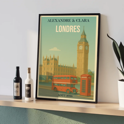 Affiche Londres personnalisée – Big Ben & bus rouge vintage Affiche Londres Plume Revedor