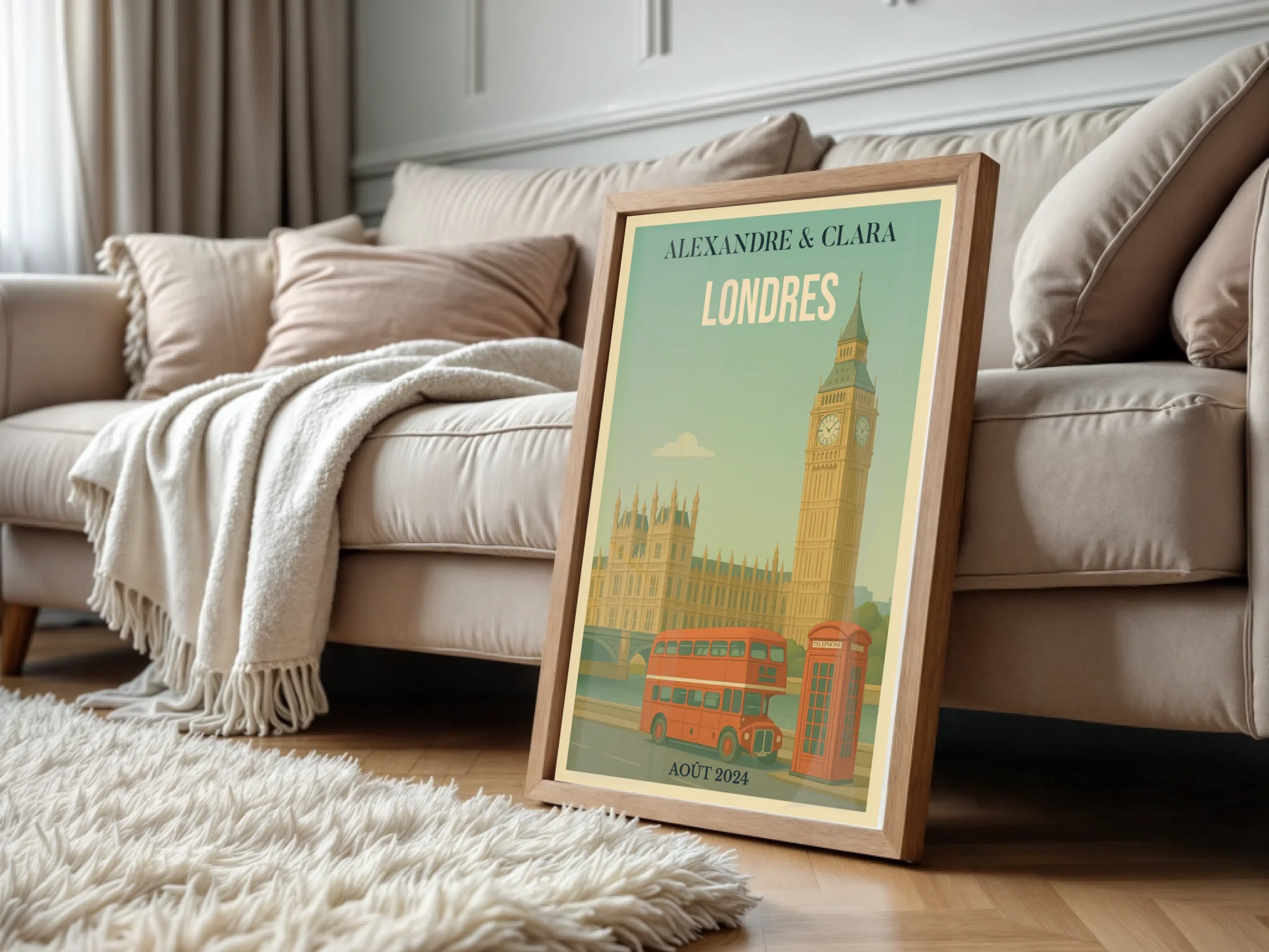 Affiche Londres personnalisée – Big Ben & bus rouge vintage Affiche Londres Plume Revedor