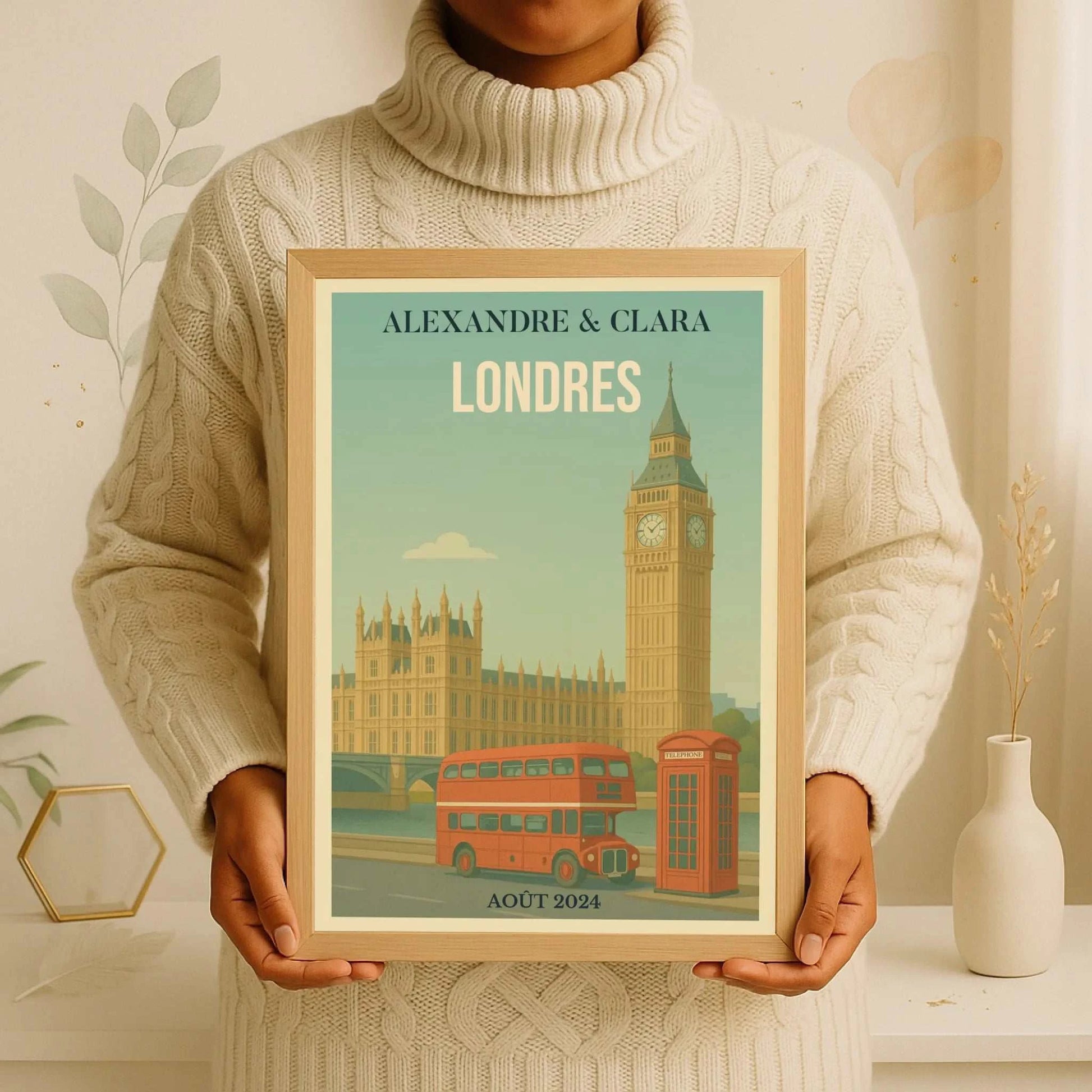 Affiche Londres personnalisée – Big Ben & bus rouge vintage Affiche Londres Plume Revedor
