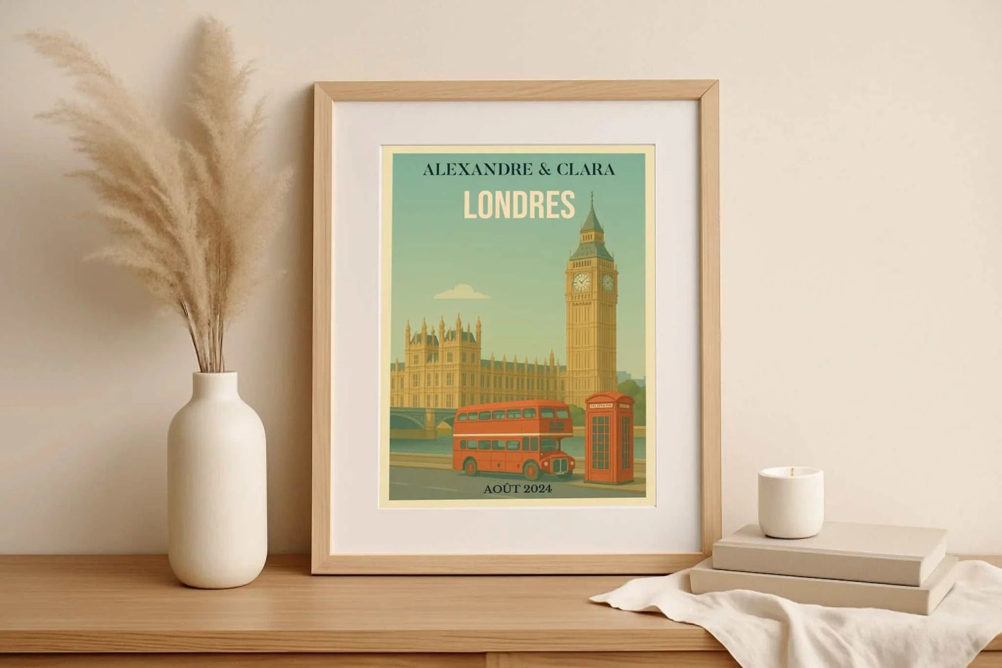 Affiche Londres personnalisée – Big Ben & bus rouge vintage Affiche Londres Plume Revedor