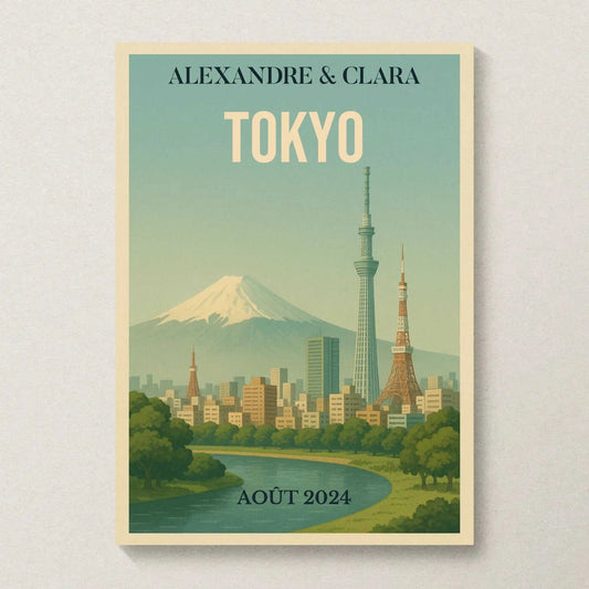 Affiche vintage Tokyo personnalisée avec Mont Fuji et skyline japonaise
