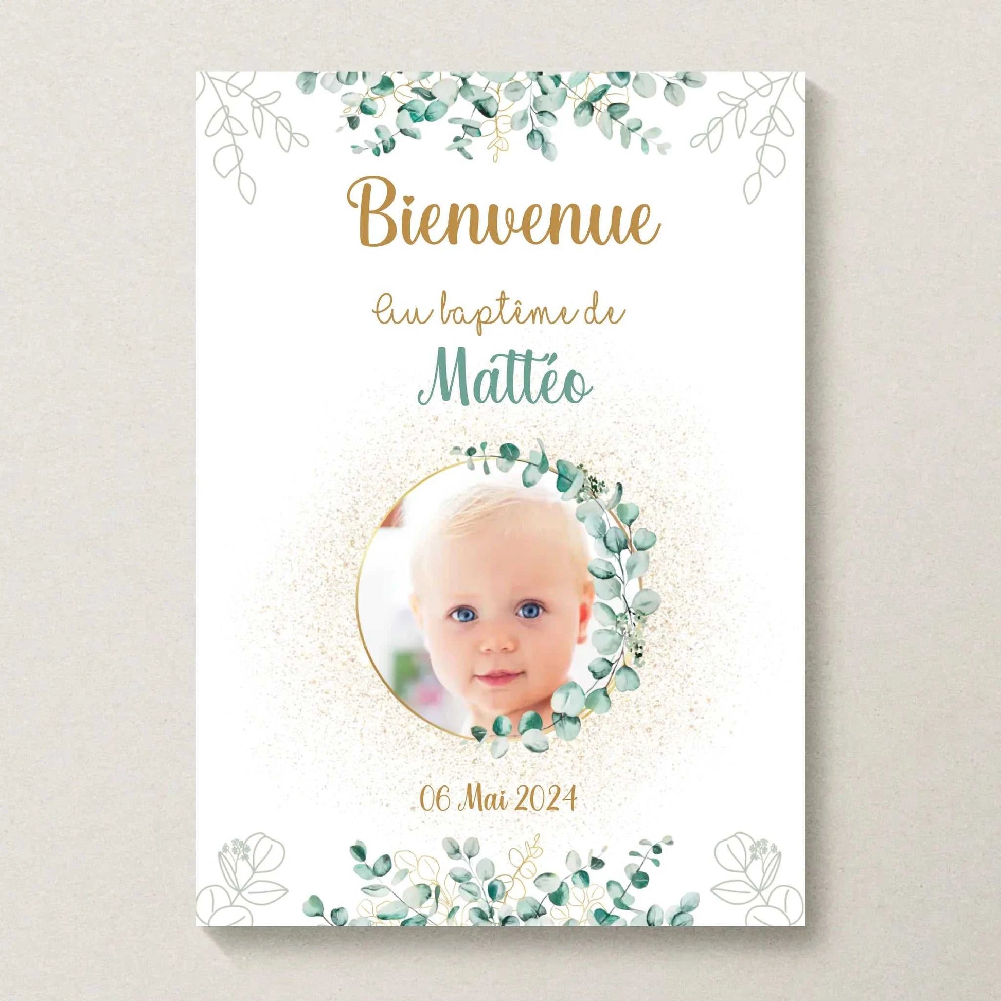 Affiche personnalisée Baptême ou Anniversaire Bienvenue "Eucalyptus OR affiche Bienvenue Plume Revedor
