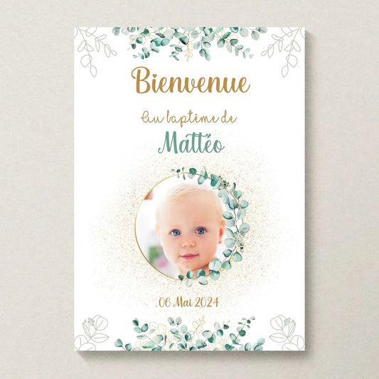 Affiche Baptême ou Anniversaire Bienvenue "Eucalyptus OR" avec photo