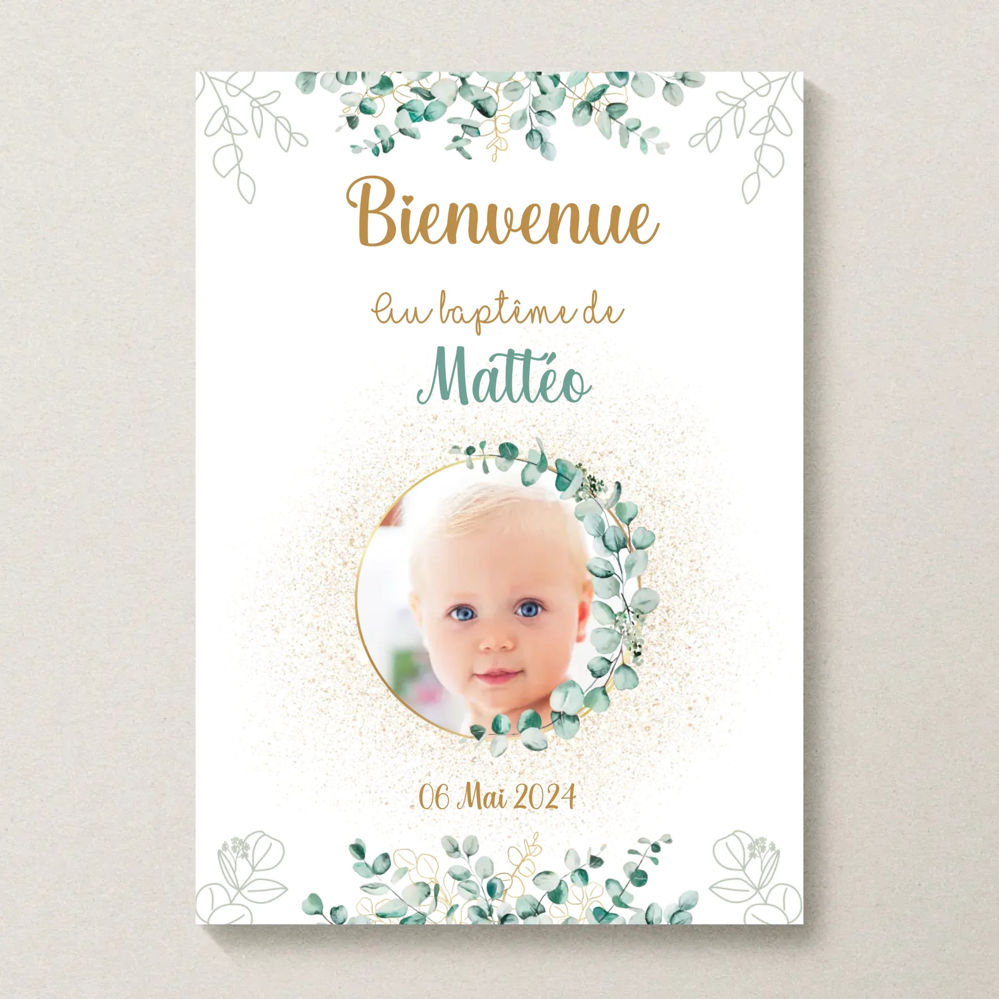 Affiche Baptême ou Anniversaire Bienvenue "Eucalyptus OR" avec photo