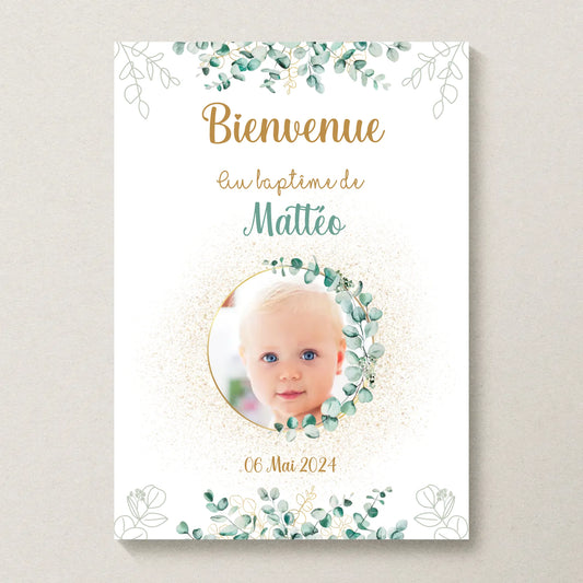 Affiche Baptême ou Anniversaire Bienvenue "Eucalyptus OR" avec photo