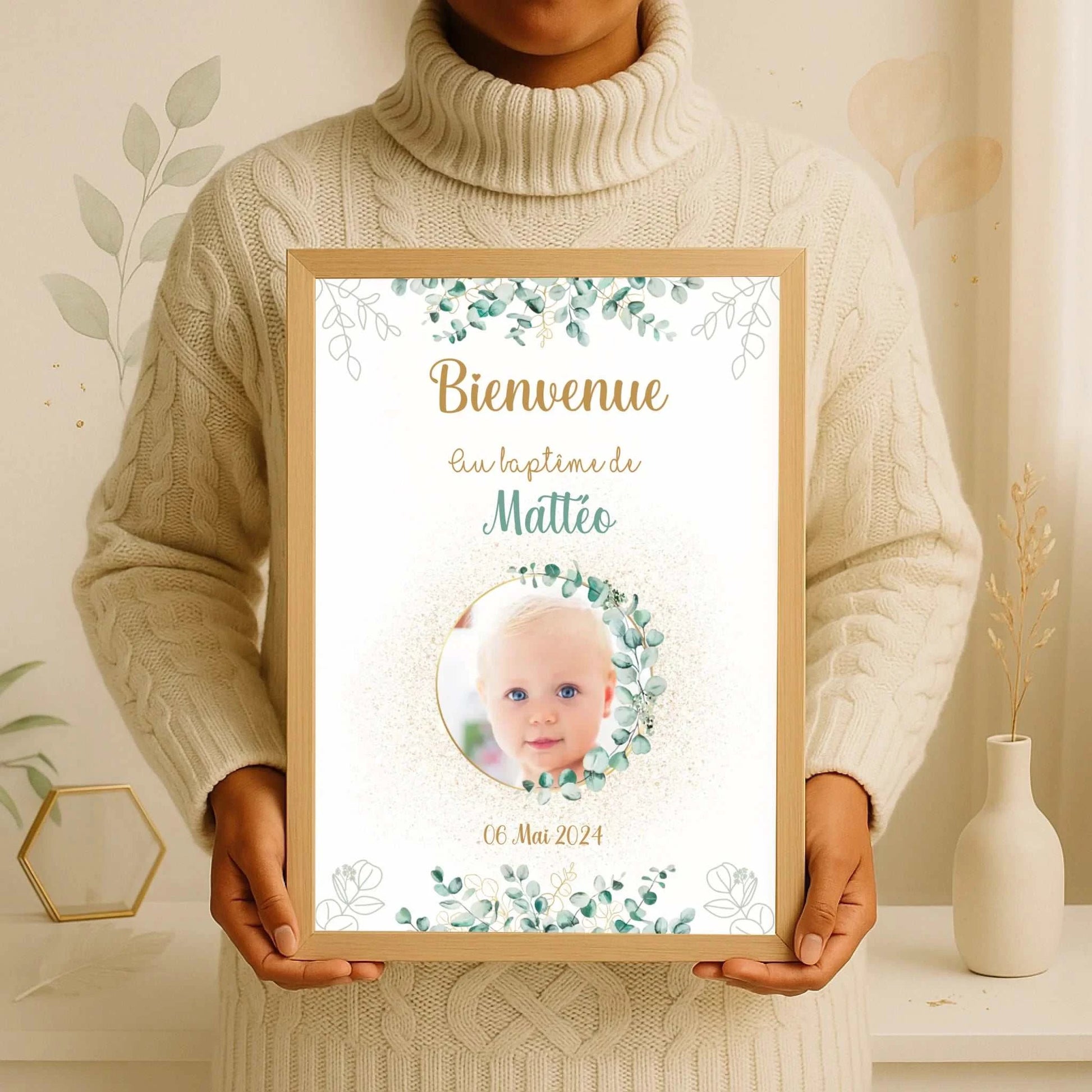 Affiche personnalisée Baptême ou Anniversaire Bienvenue "Eucalyptus OR affiche Bienvenue Plume Revedor