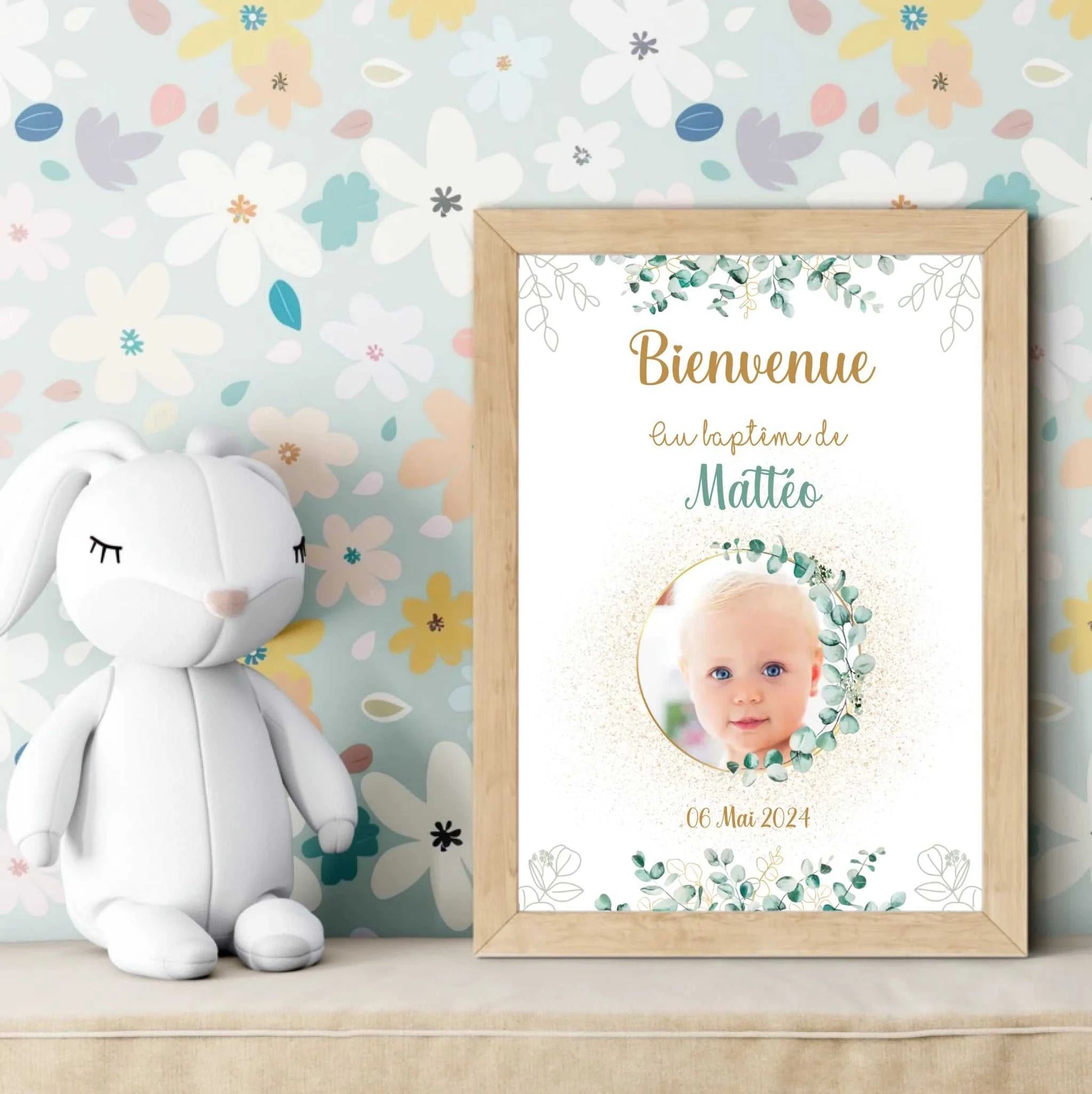 Affiche personnalisée Baptême ou Anniversaire Bienvenue "Eucalyptus OR affiche Bienvenue Plume Revedor