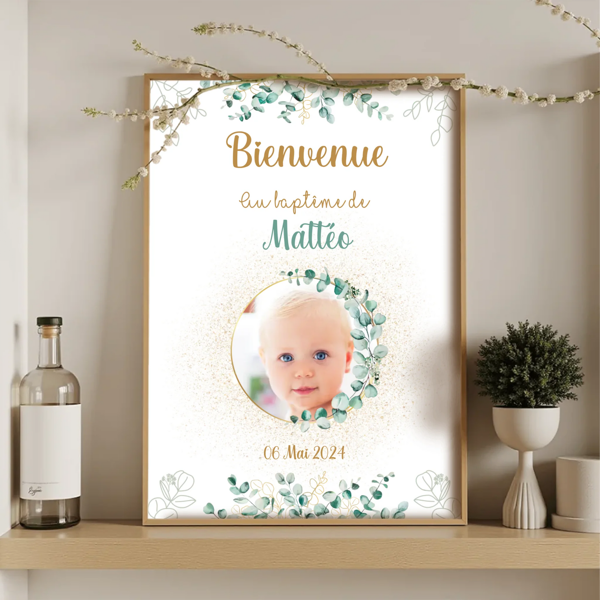 Affiche personnalisée Baptême ou Anniversaire Bienvenue "Eucalyptus OR affiche Bienvenue Plume Revedor