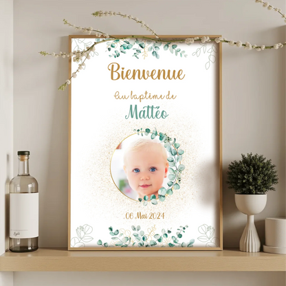 Affiche personnalisée Baptême ou Anniversaire Bienvenue "Eucalyptus OR affiche Bienvenue Plume Revedor