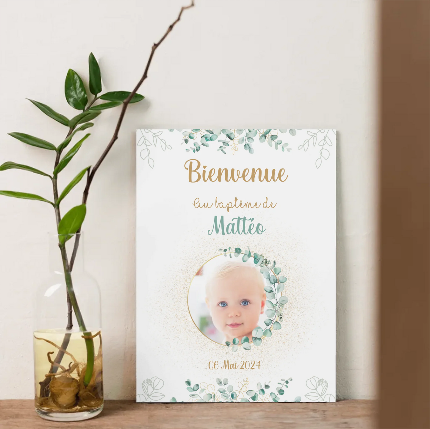 Affiche personnalisée Baptême ou Anniversaire Bienvenue "Eucalyptus OR affiche Bienvenue Plume Revedor