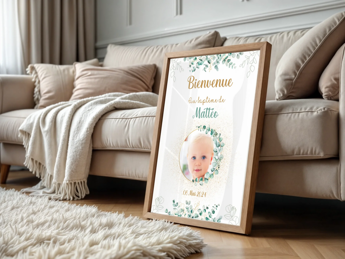 Affiche personnalisée Baptême ou Anniversaire Bienvenue "Eucalyptus OR affiche Bienvenue Plume Revedor