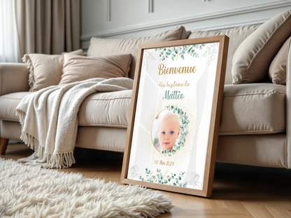 Affiche personnalisée Baptême ou Anniversaire Bienvenue "Eucalyptus OR affiche Bienvenue Plume Revedor