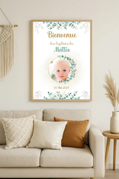 Affiche personnalisée Baptême ou Anniversaire Bienvenue "Eucalyptus OR affiche Bienvenue Plume Revedor