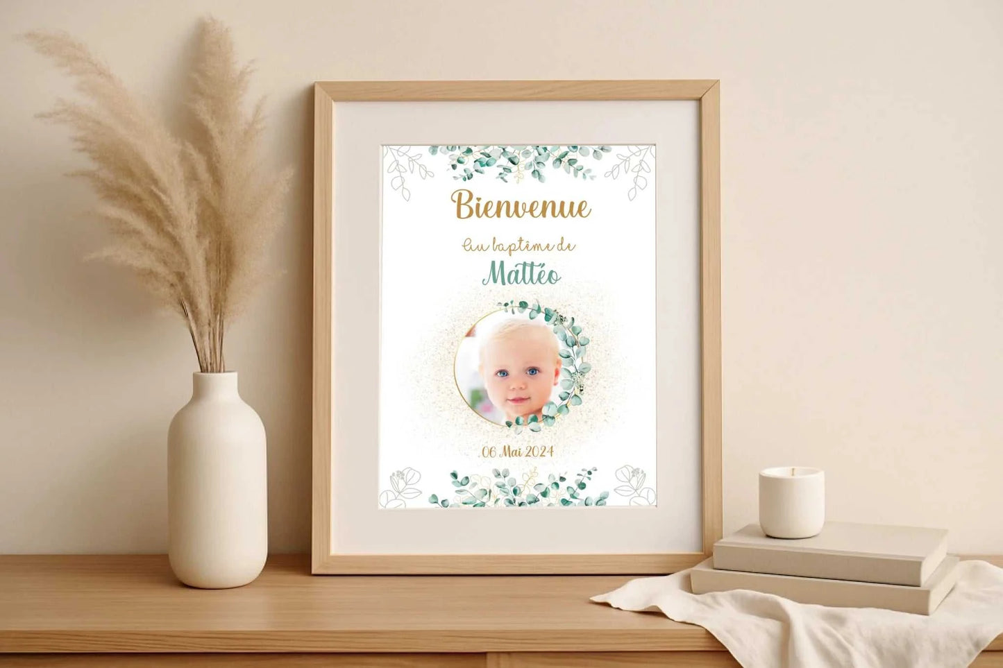 Affiche personnalisée Baptême ou Anniversaire Bienvenue "Eucalyptus OR affiche Bienvenue Plume Revedor