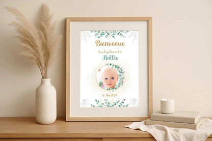 Affiche personnalisée Baptême ou Anniversaire Bienvenue "Eucalyptus OR affiche Bienvenue Plume Revedor