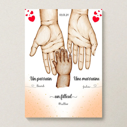 Affiche personnalisée - Main dans la main Parrain Marraine et Filleul( affiche parrain marraine Plume Revedor
