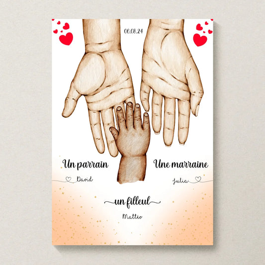 Affiche personnalisée - Main dans la main Parrain Marraine et Filleul( affiche parrain marraine Plume Revedor