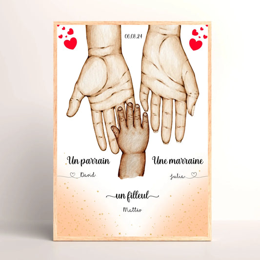 Affiche personnalisée - Main dans la main Parrain Marraine et Filleul( affiche parrain marraine Plume Revedor
