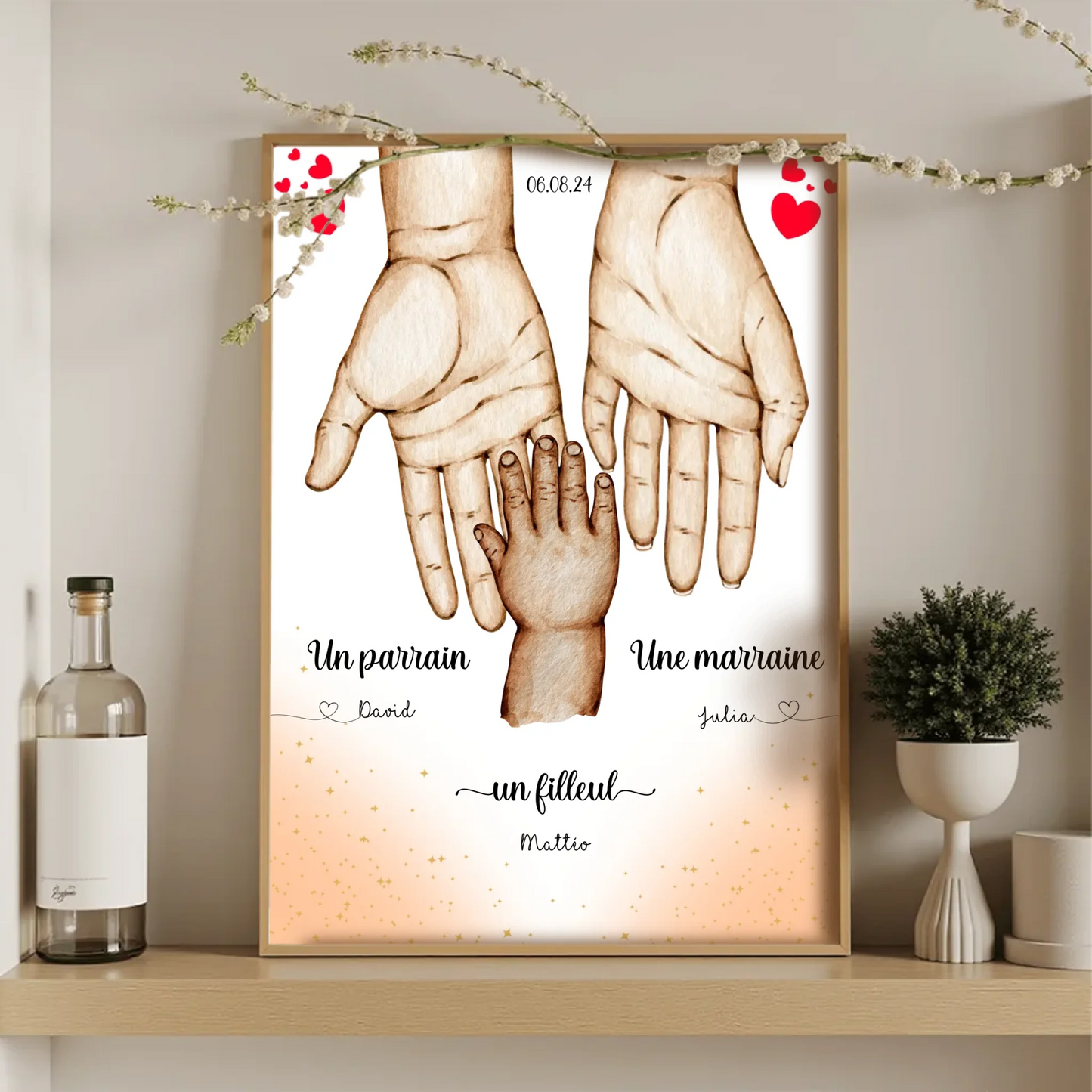Affiche personnalisée - Main dans la main Parrain Marraine et Filleul( affiche parrain marraine Plume Revedor
