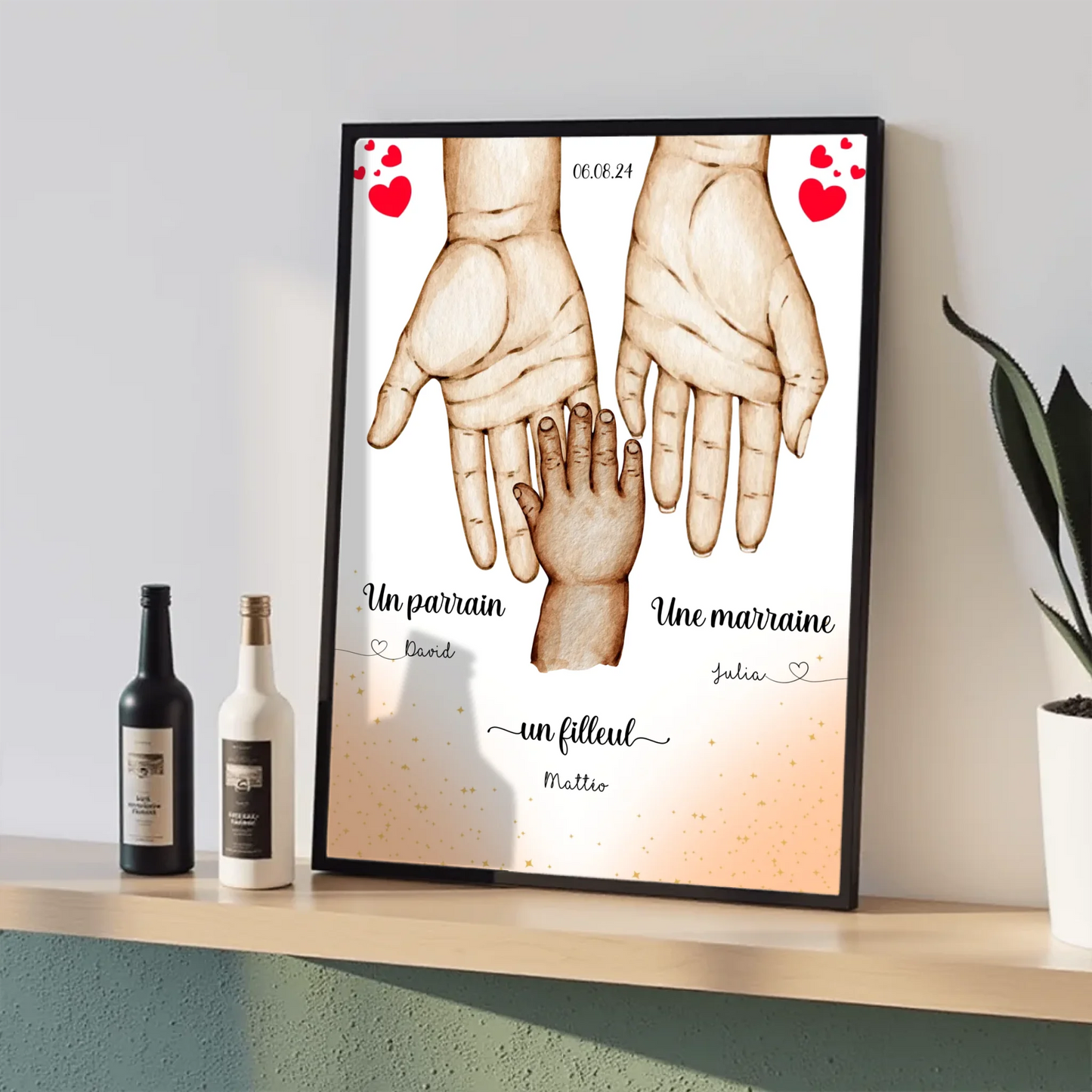 Affiche personnalisée - Main dans la main Parrain Marraine et Filleul( affiche parrain marraine Plume Revedor