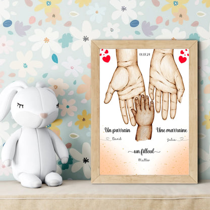 Affiche personnalisée - Main dans la main Parrain Marraine et Filleul( affiche parrain marraine Plume Revedor