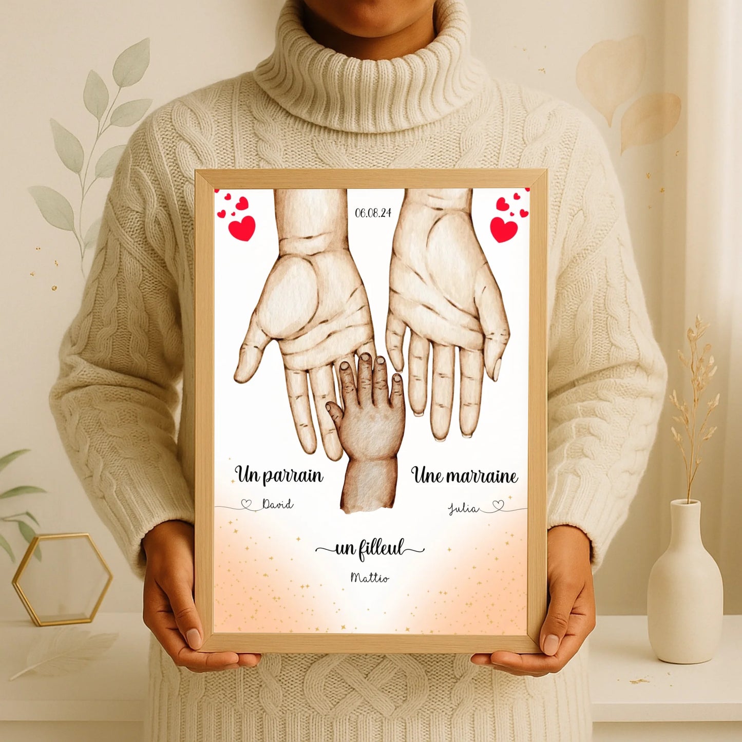 Affiche personnalisée - Main dans la main Parrain Marraine et Filleul( affiche parrain marraine Plume Revedor