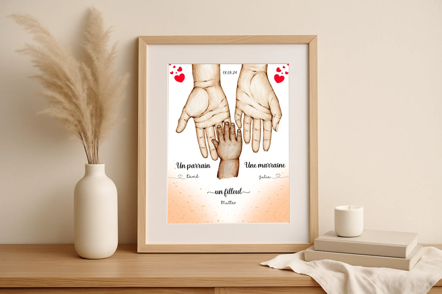 Affiche personnalisée - Main dans la main Parrain Marraine et Filleul( affiche parrain marraine Plume Revedor