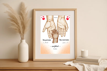 Affiche personnalisée - Main dans la main Parrain Marraine et Filleul( affiche parrain marraine Plume Revedor