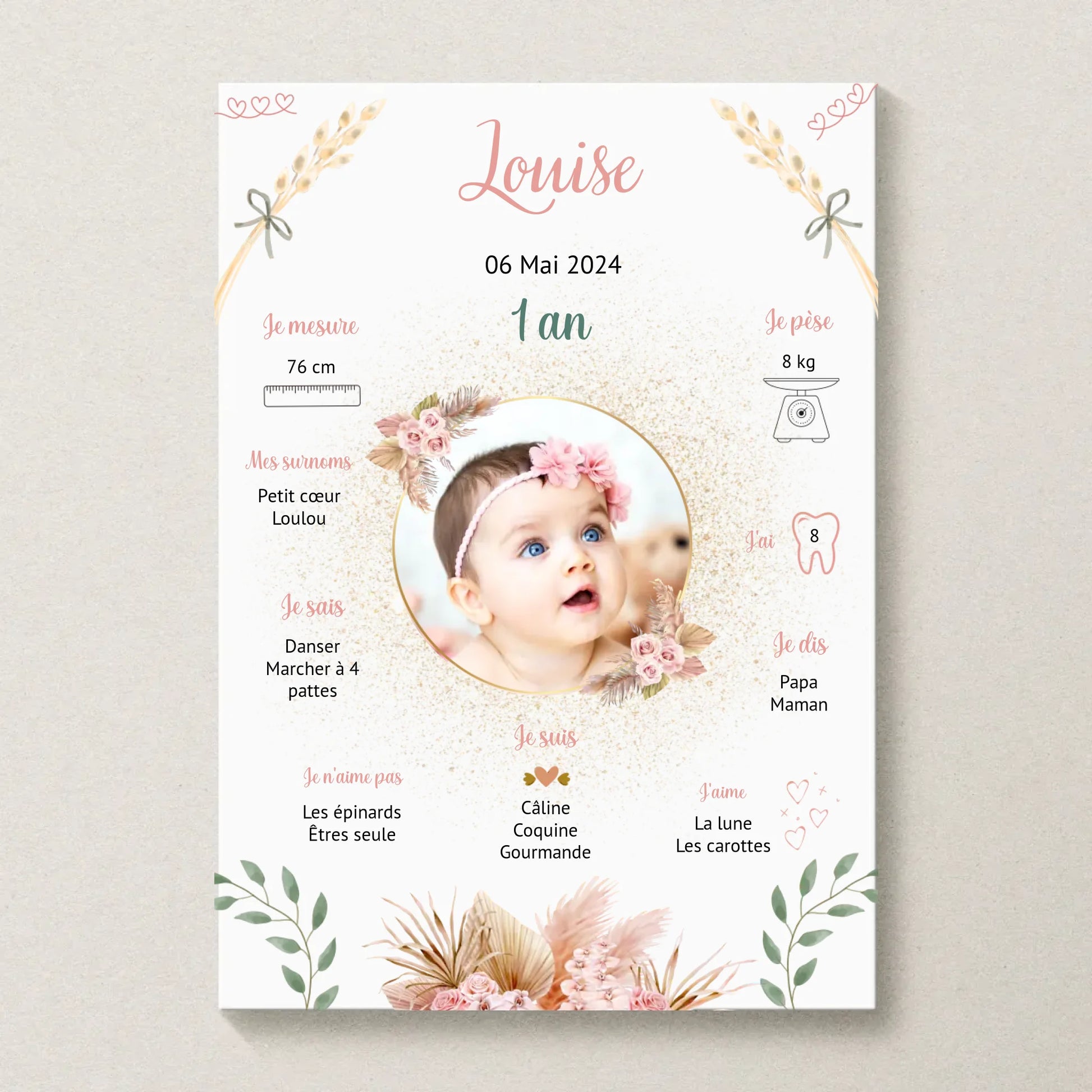 Affiche personnalisée Baptême ou Anniversaire "Champêtre" Fille Affiche baptême Plume Revedor