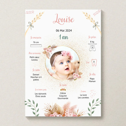 Affiche personnalisée Baptême ou Anniversaire "Champêtre" Fille Affiche baptême Plume Revedor